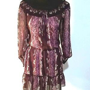 Xhilaration purple animal print sheer sleeve off shoulder ruffled mini dress